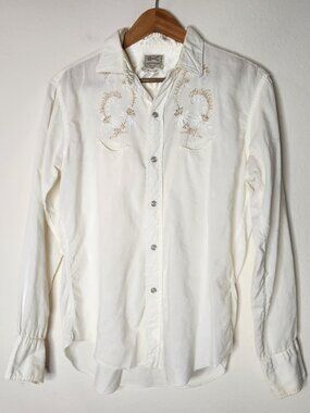 VTG H Bar C Western Mens Medium White Snap Shirt Embroidered